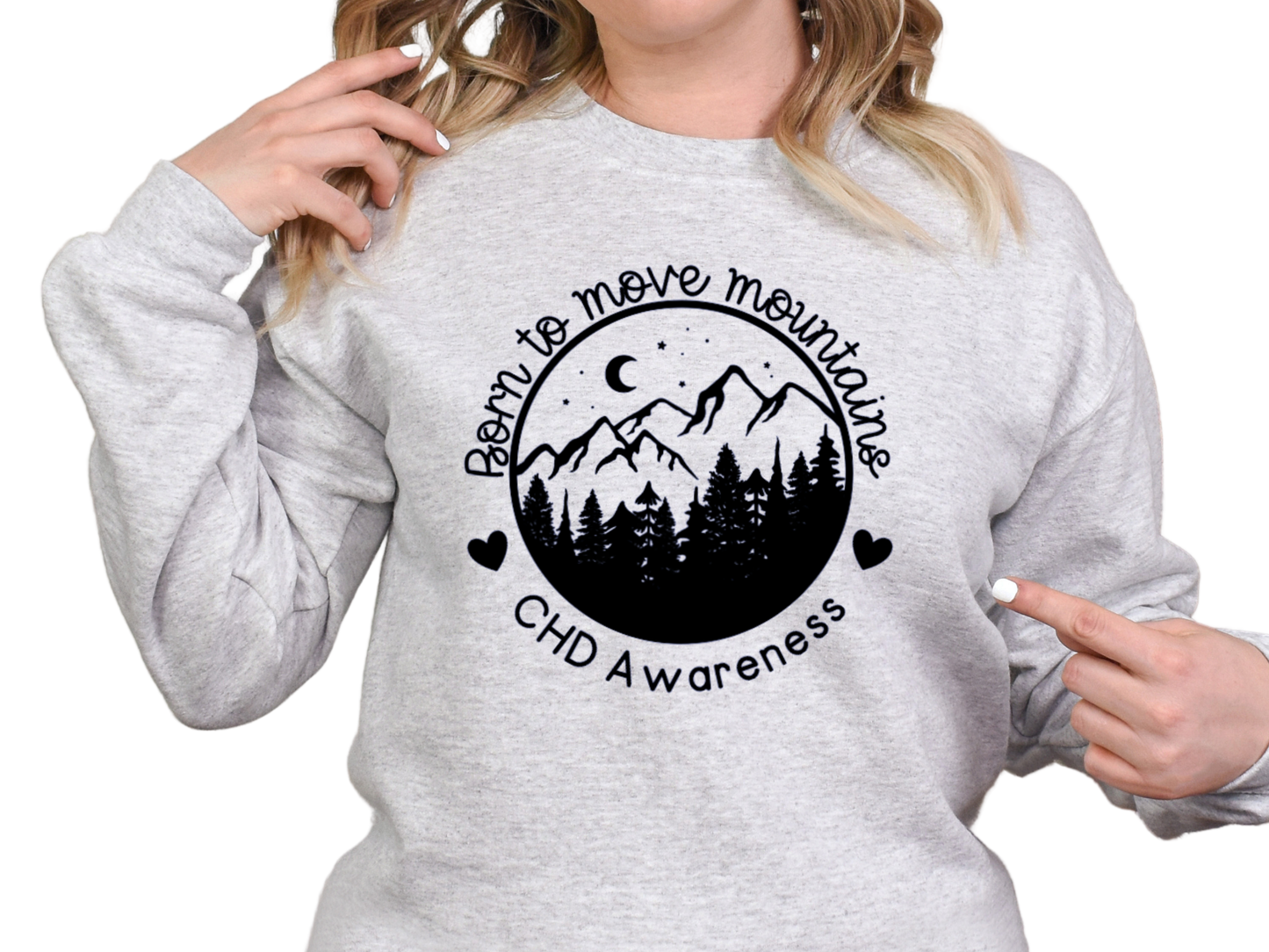 CHD Awareness Sweatshirt – “Born to Move Mountains” Gildan Crew-neck Sweatshirt | Comfort + Connection for Proud Heart Moms & CHD Supporters