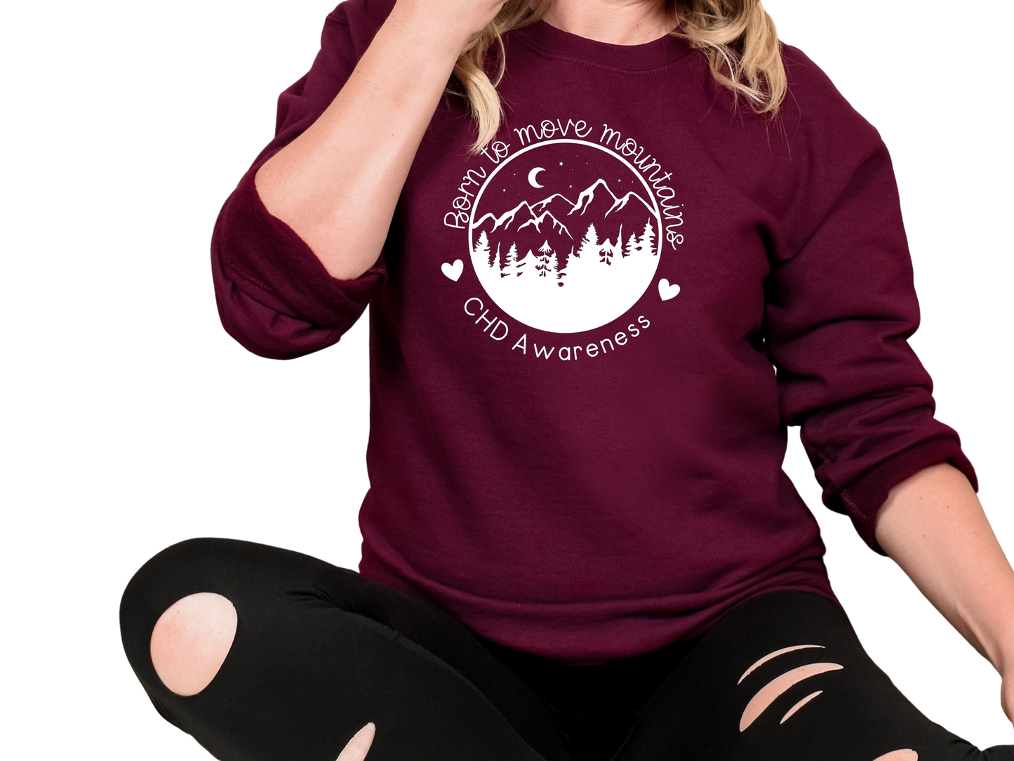 CHD Awareness Sweatshirt – “Born to Move Mountains” Gildan Crew-neck Sweatshirt | Comfort + Connection for Proud Heart Moms & CHD Supporters