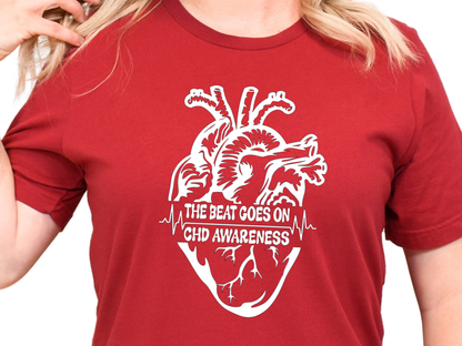 CHD Graphic Tee – Human Heart -The Beat Goes On Awareness Shirt | Celebrate Strength & Resilience in Comfort-For Heart Moms-CHD Families and Supporters-Cardiac Healthcare Workers