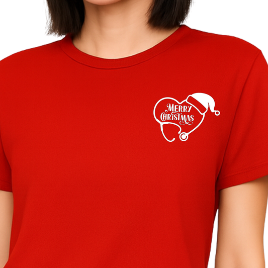 Christmas Healthcare Tee | Santa Stethoscope Left Chest Placement